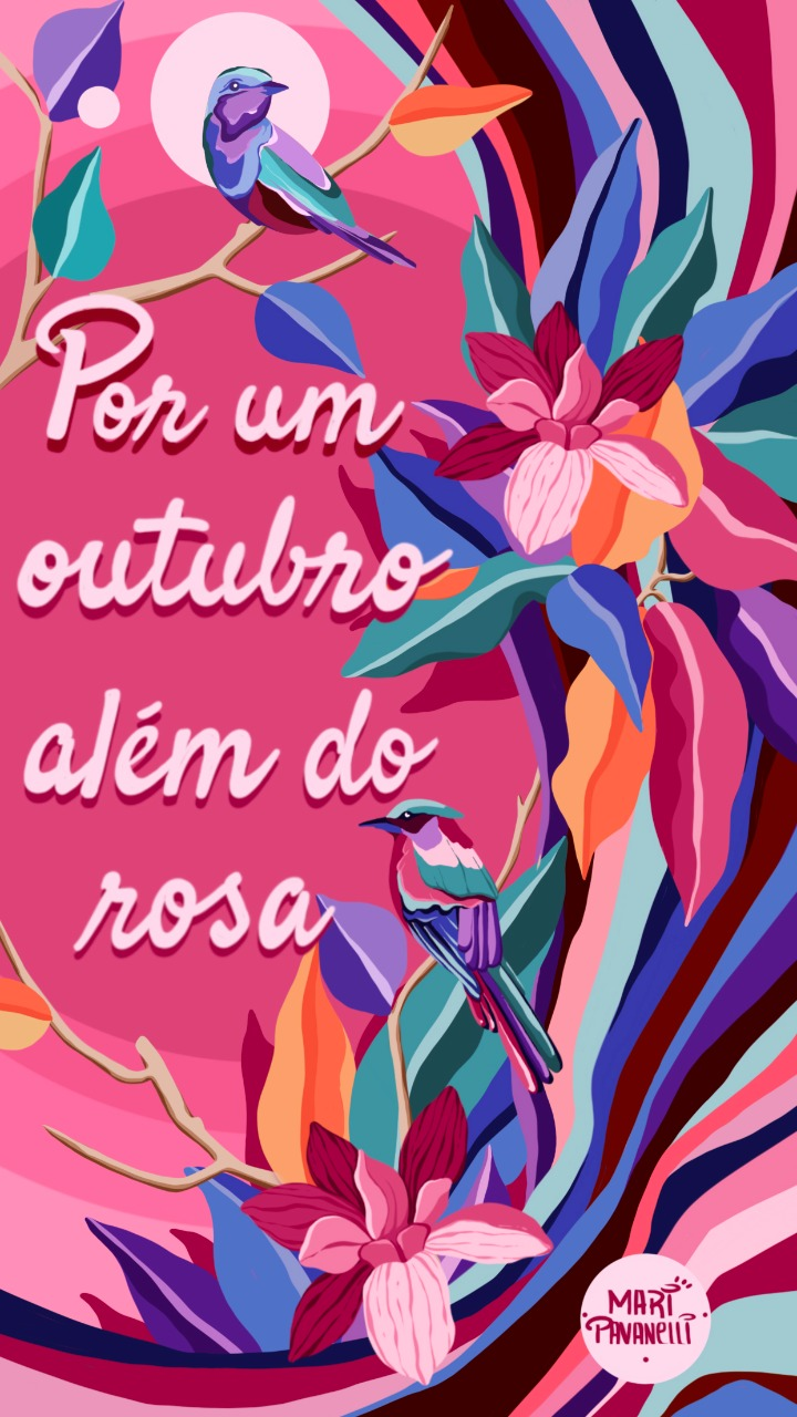 Foto da empena com flores e raízes coloridas de fundo, com o dizer 'Por um outubro além do rosa', tal qual estará na parede de um prédio em São Paulo.